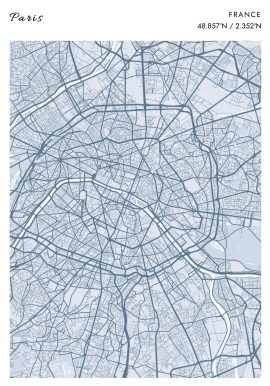 Paris Steel Blue Map Poster